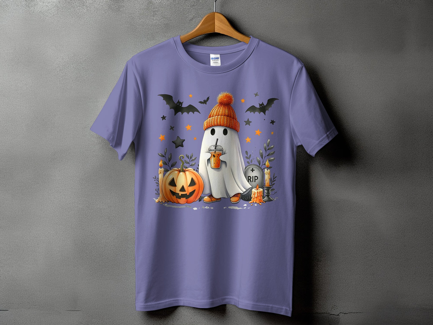 Halloween ghost with pumpkin, bats, candles, and RIP tombstone.