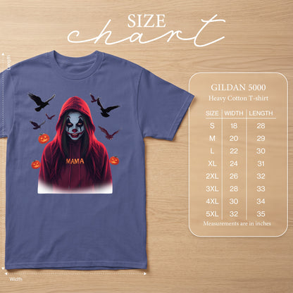 Gildan 5000 Heavy Cotton T-shirt with clown design and size chart.