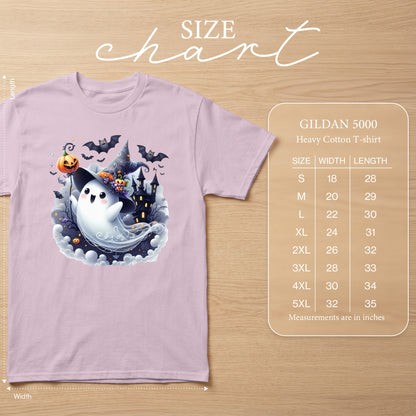 Gildan 5000 heavy cotton t-shirt with cute ghost graphic and size chart.