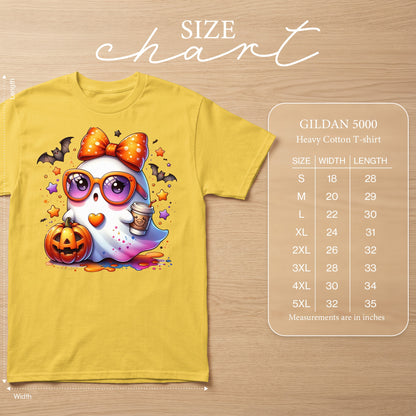 Yellow Gildan 5000 t-shirt with cute ghost, pumpkin, bats, and stars graphic. Size chart included.