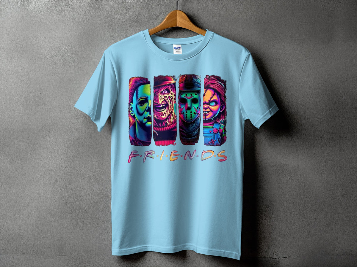 Light blue t-shirt with four horror characters and "FRIENDS" text.