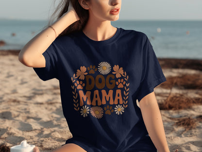 Dog Mama Floral and Paw Print Graphic T-Shirt