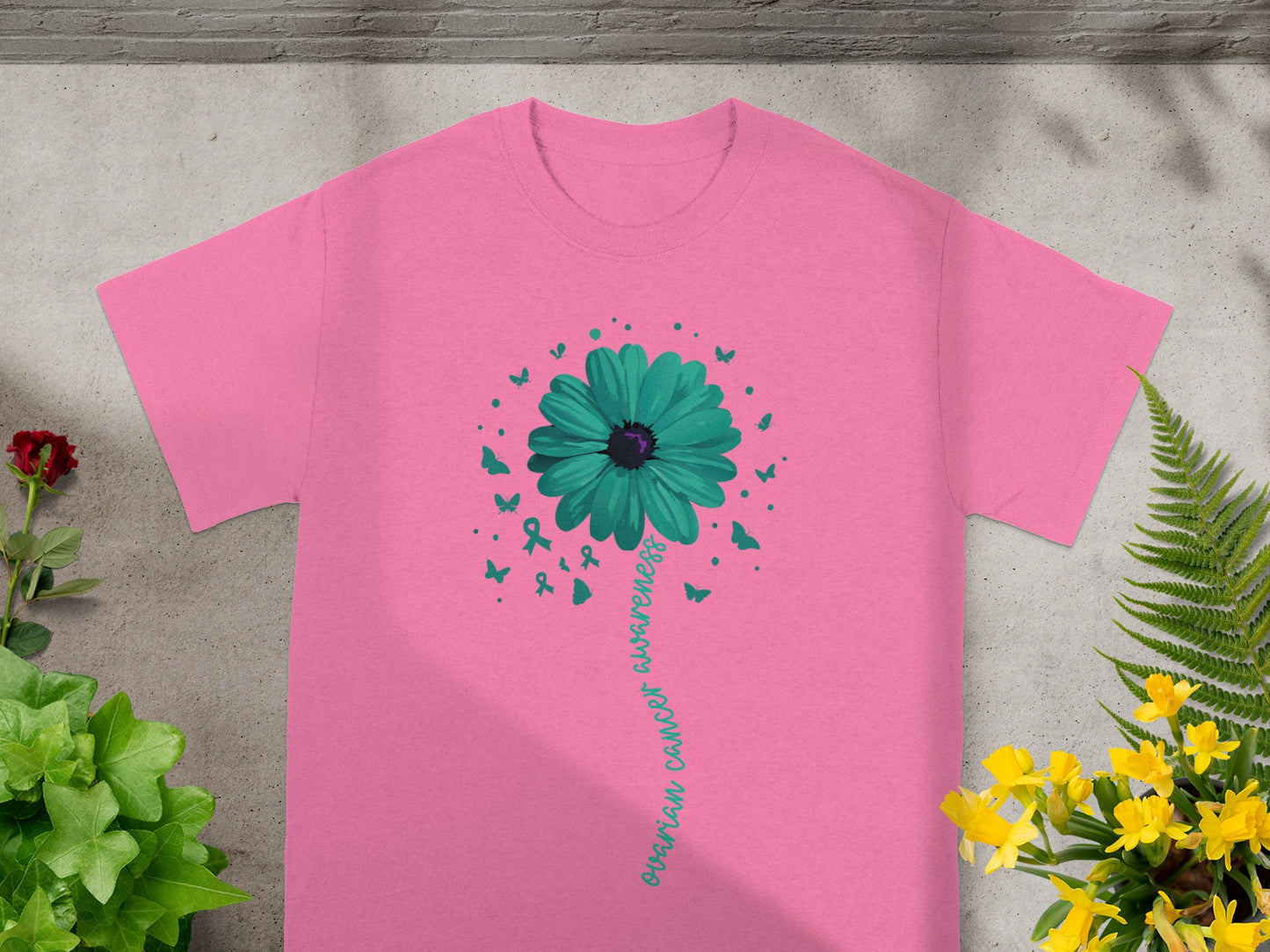 Ovarian Cancer Awareness Teal Flower Pink Shirt