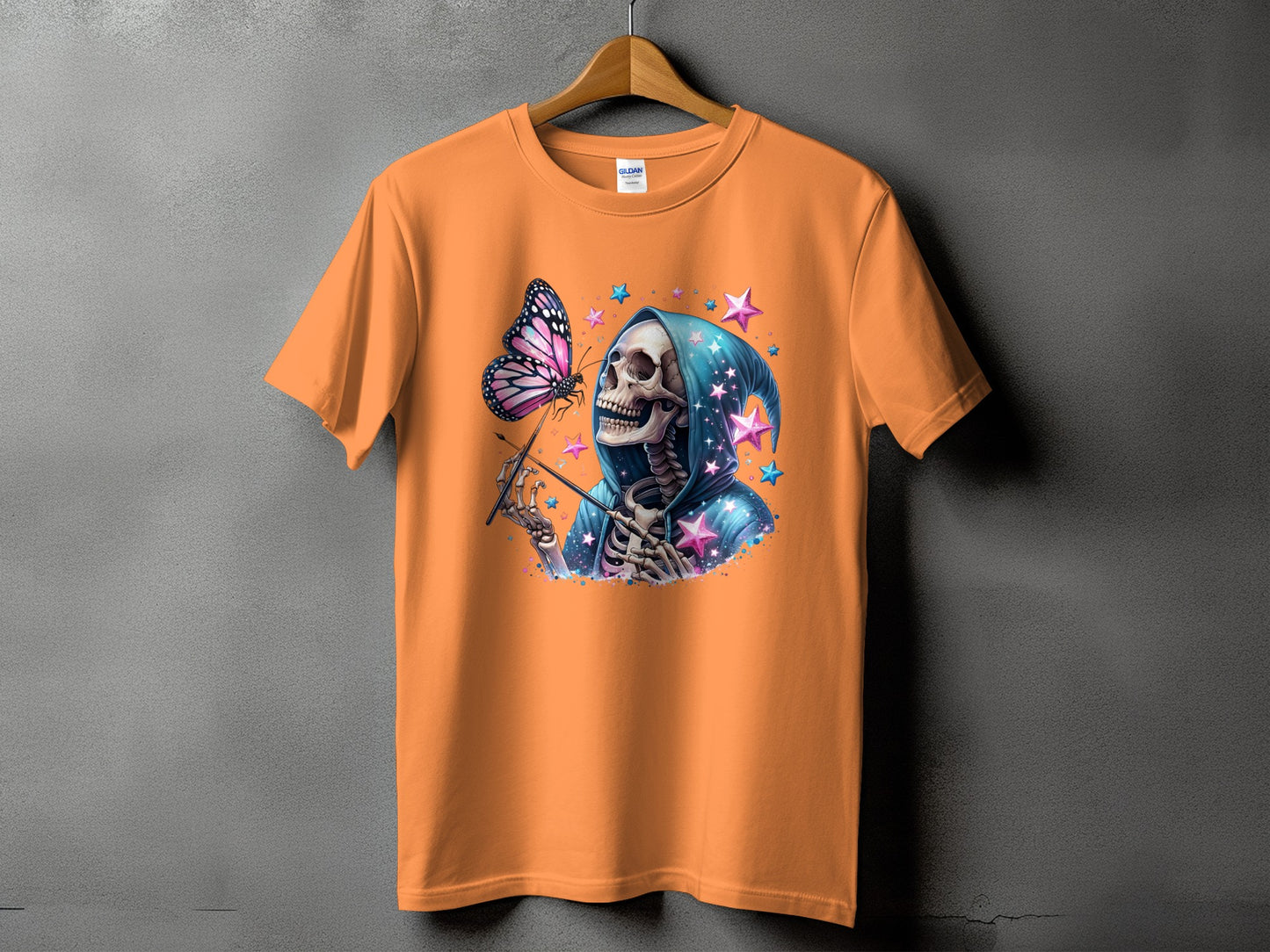 Skeleton in blue robe with stars, holding a wand and a butterfly.