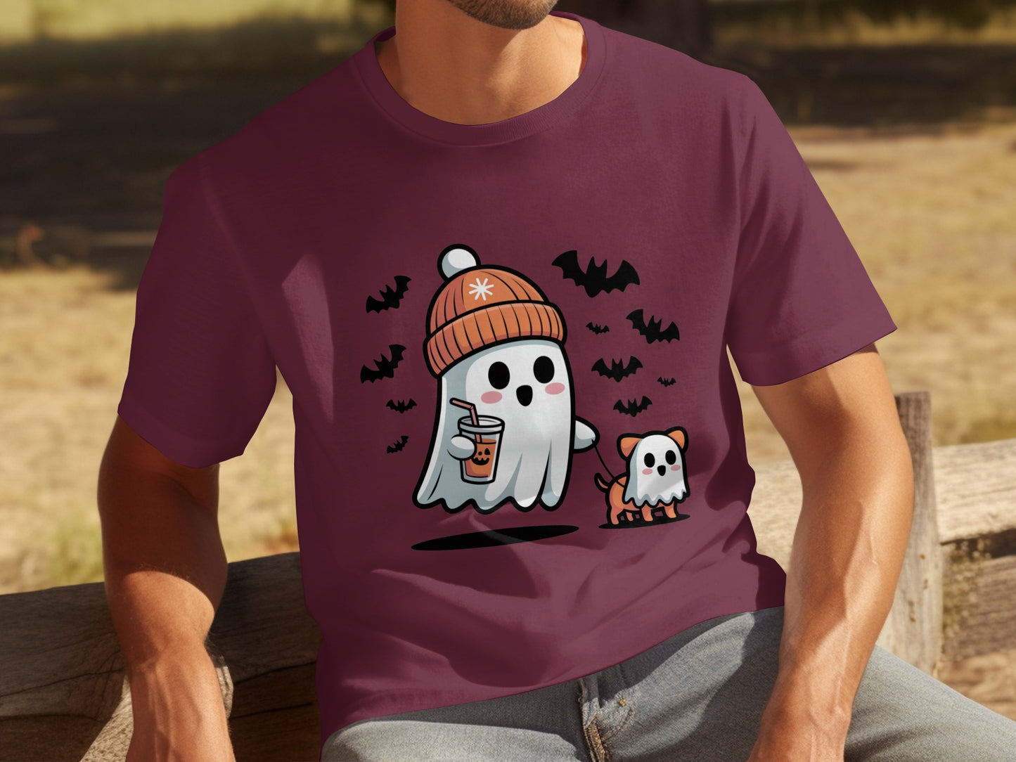 Cute Ghost with Bat and Dog Halloween T-Shirt Product