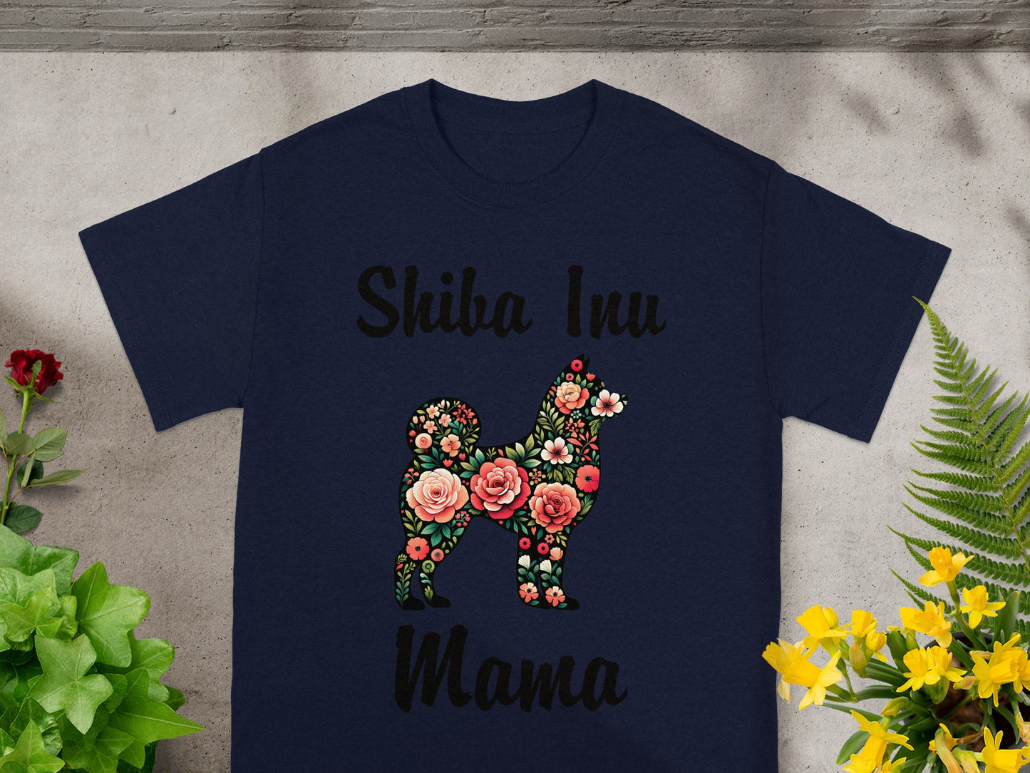 Navy t-shirt with Shiba Inu silhouette filled with flowers, text reads "Shiba Inu Mama".
