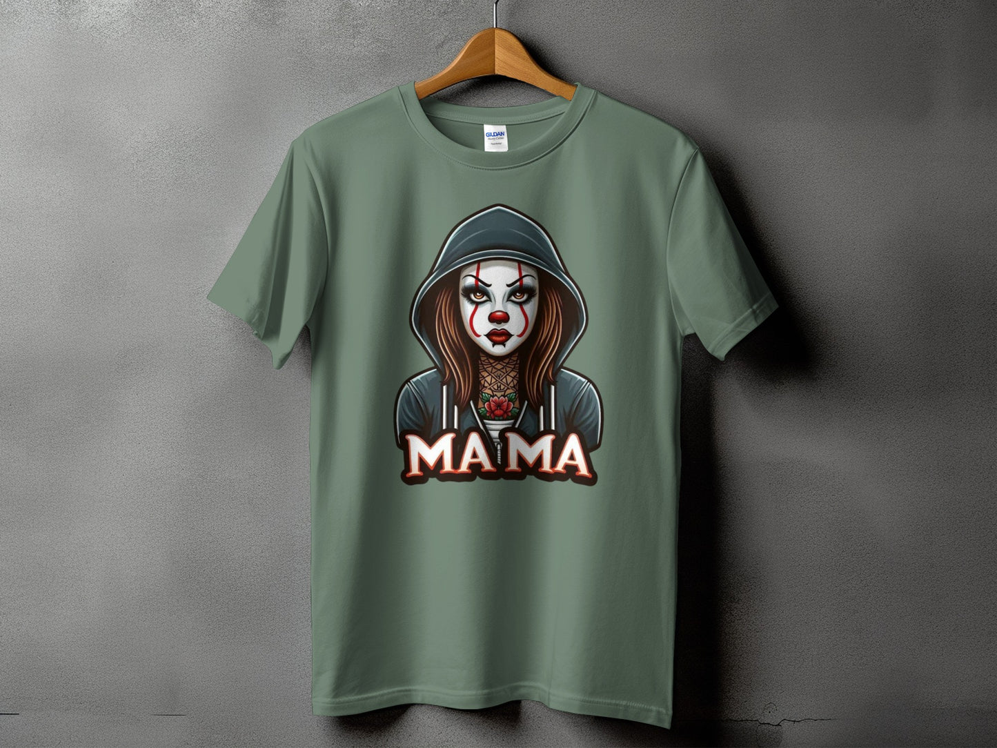 Green t-shirt with a hooded clown woman graphic and the word "MAMA".