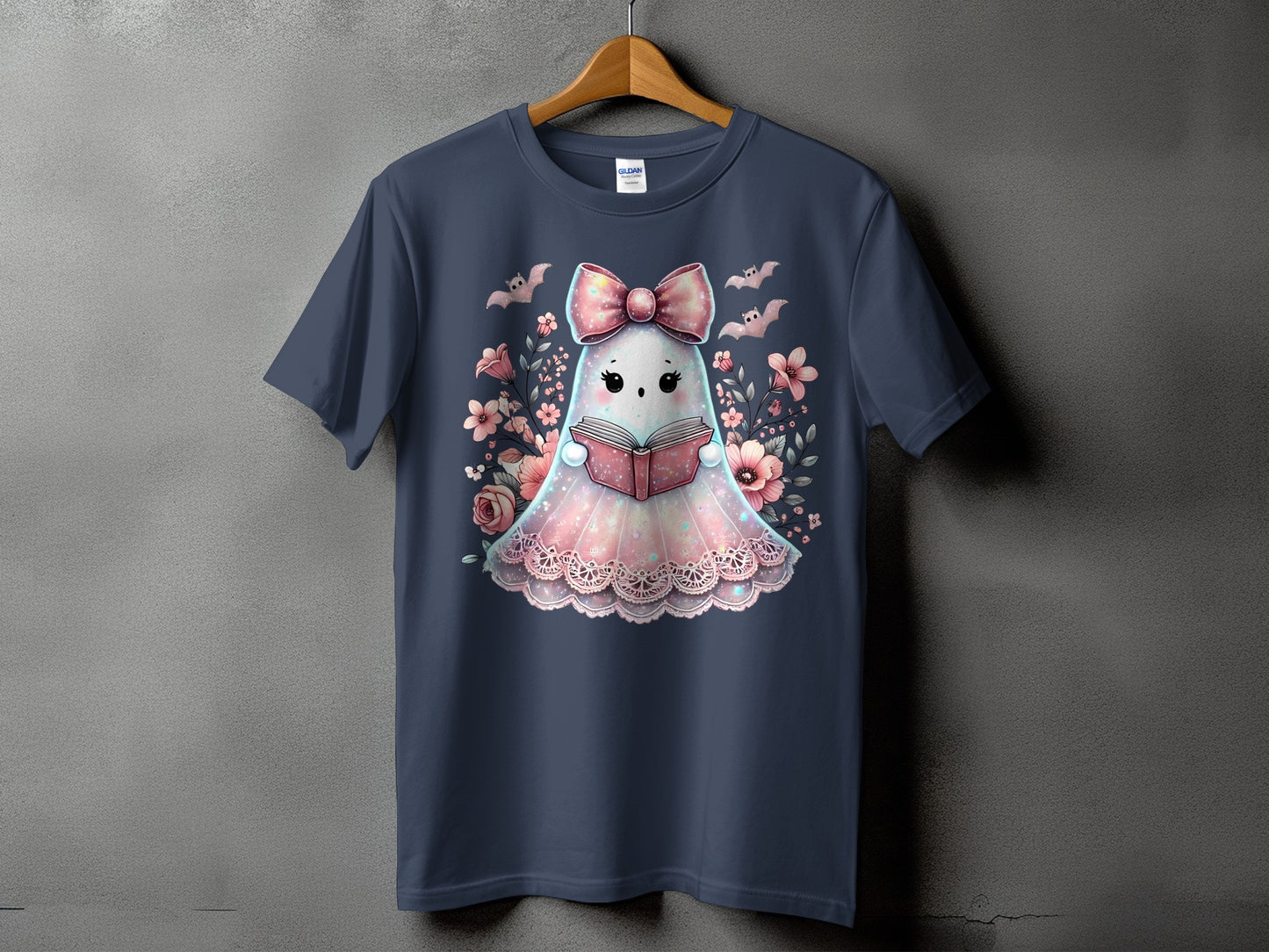 Cute ghost wearing a bow and reading a book with flowers and bats.