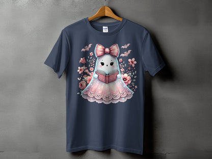 Cute ghost wearing a bow and reading a book with flowers and bats.