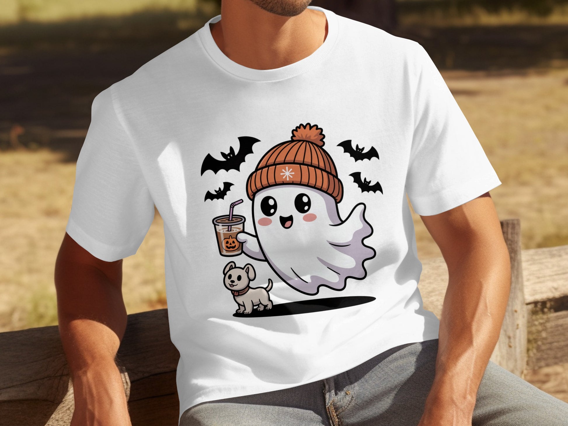Cute Ghost with Coffee and Dog Halloween Shirt