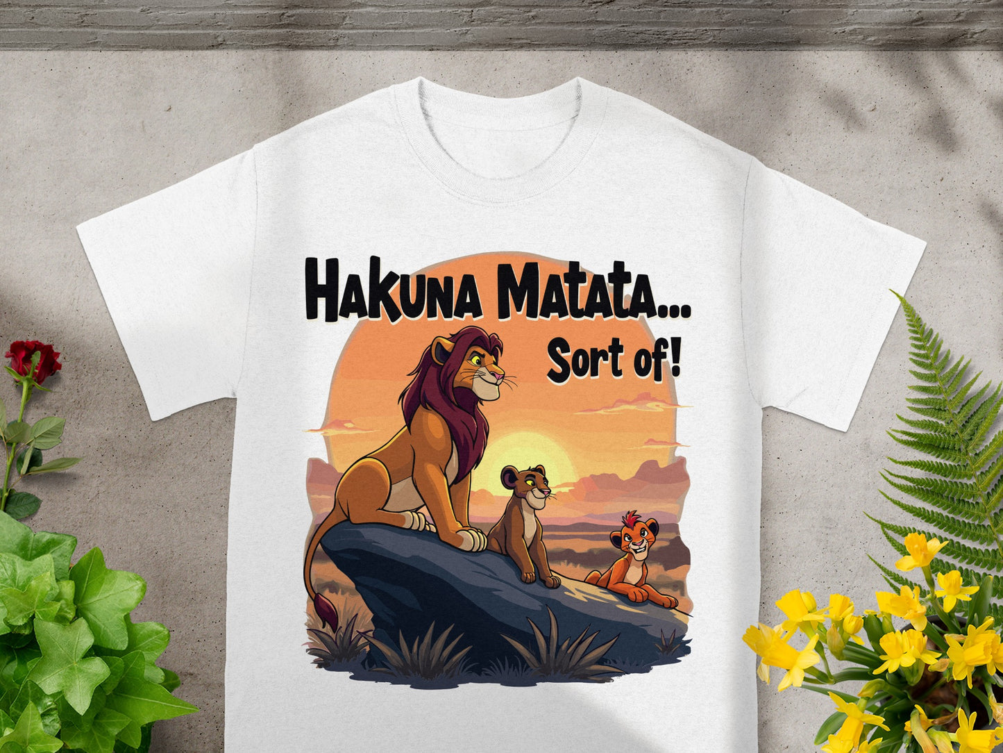 White t-shirt with "Hakuna Matata... Sort Of!" and Lion King characters.