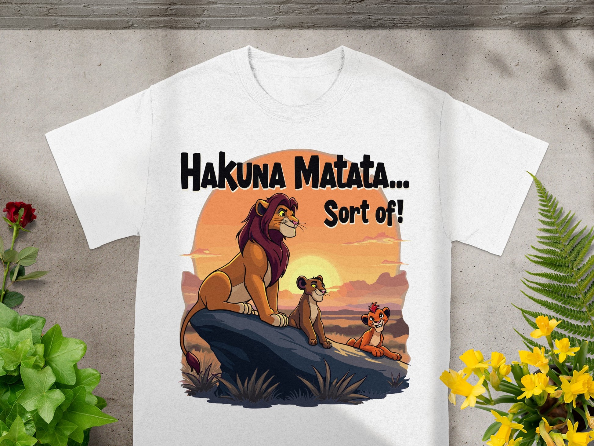 White t-shirt with "Hakuna Matata... Sort Of!" and Lion King characters.