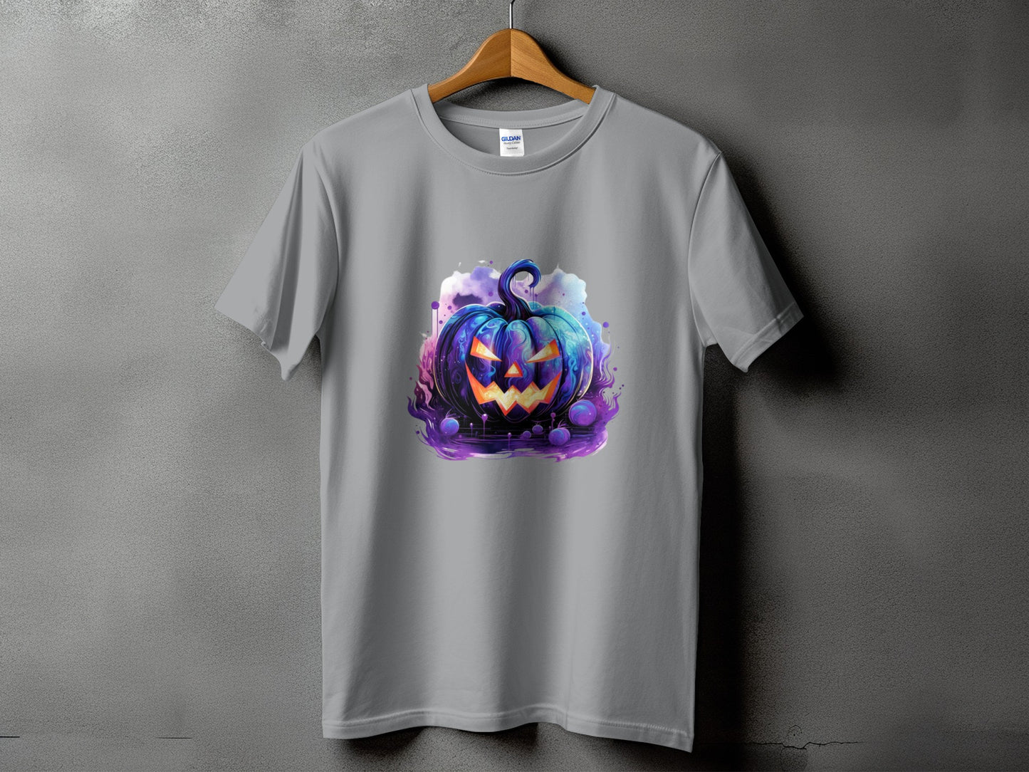 Gray t-shirt with a vibrant, stylized jack-o'-lantern illustration.