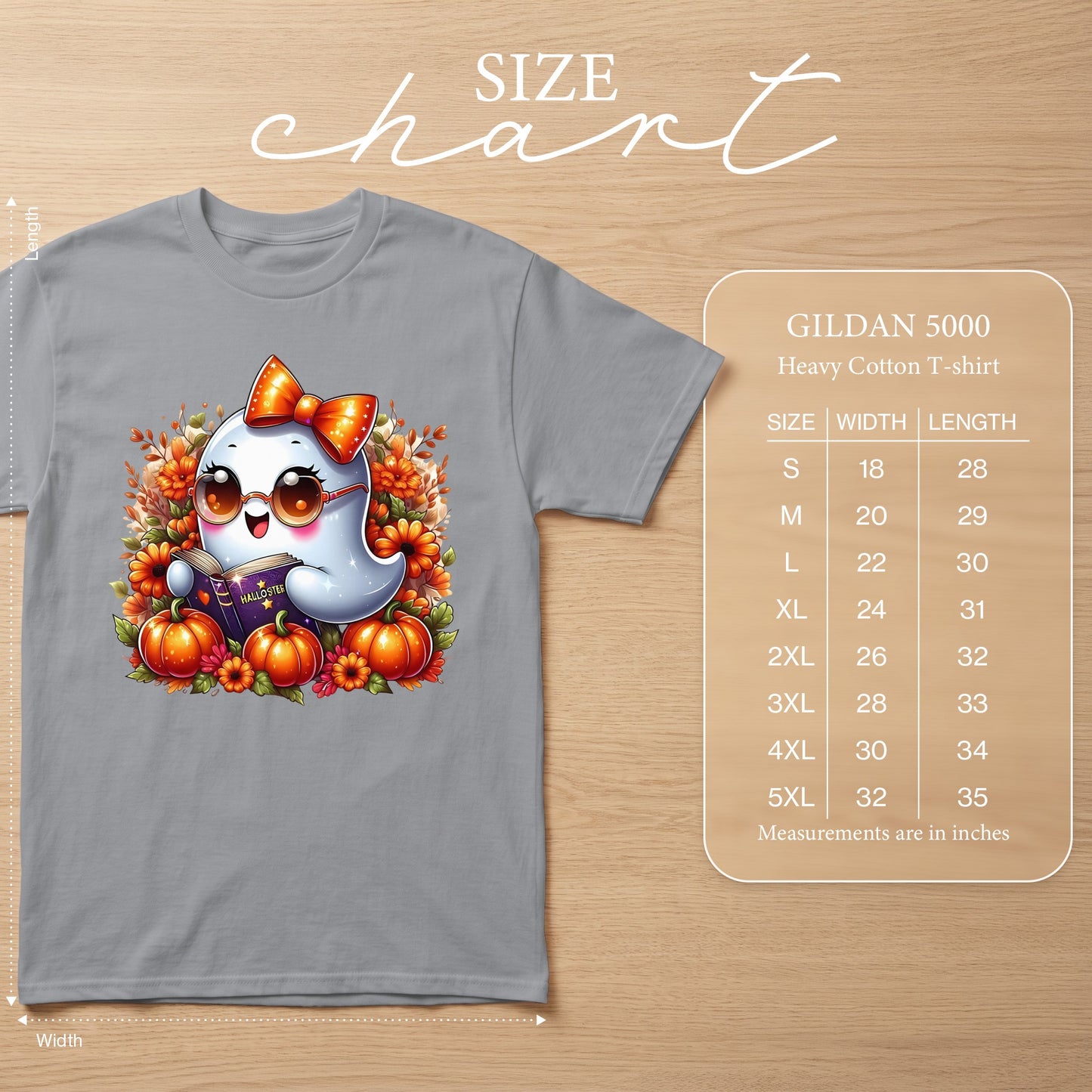 Gildan 5000 size chart with ghost graphic on gray t-shirt.