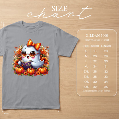 Gildan 5000 size chart with ghost graphic on gray t-shirt.
