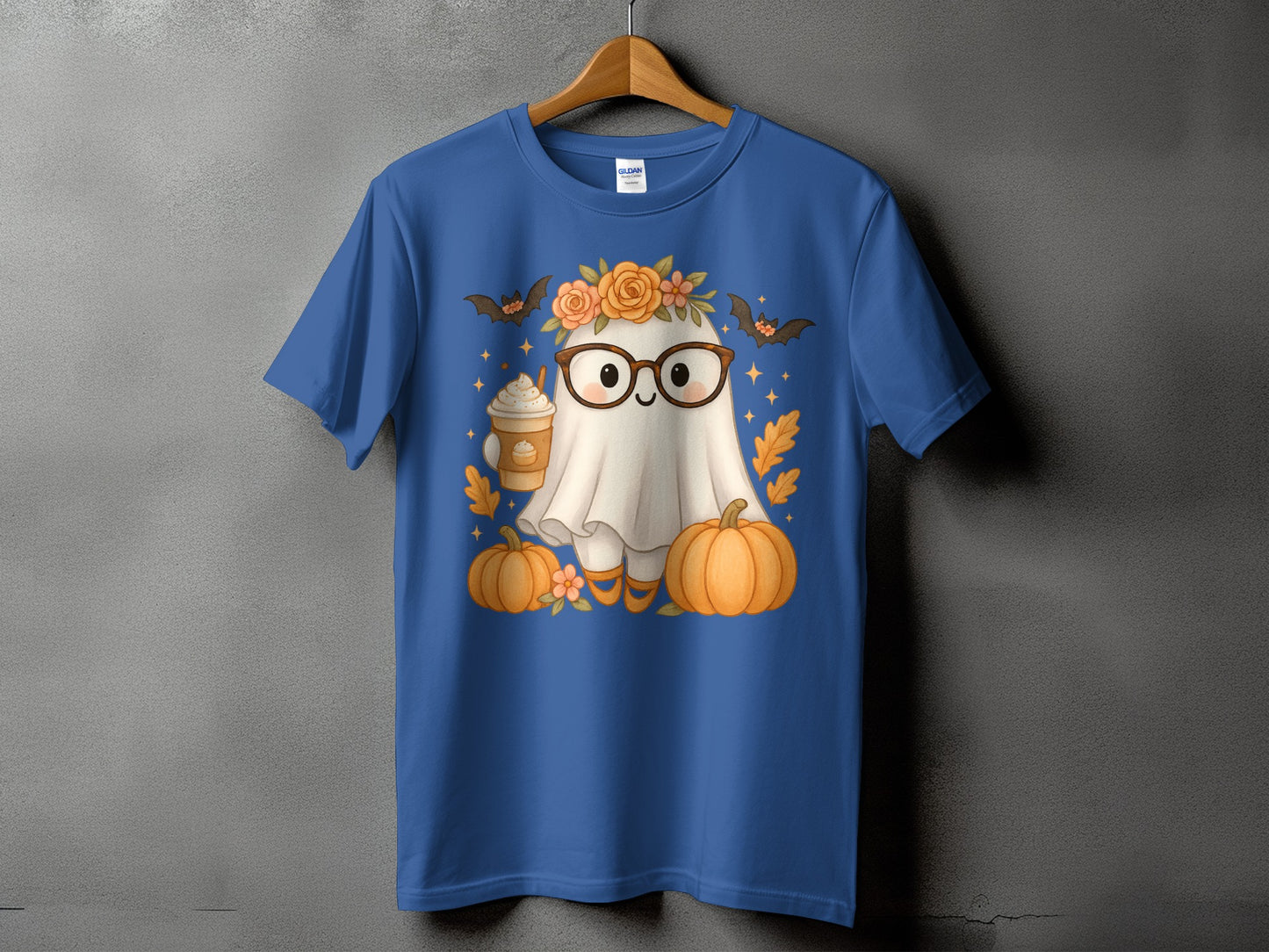 Ghost with pumpkin spice latte, bats, pumpkins, and fall leaves.
