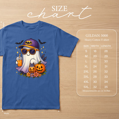 Ghost wearing sunglasses and bat cap, holding drink, with pumpkins and flowers, with size chart.