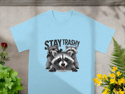 Stay Trashy Graphic Raccoon Shirt for Fun Style