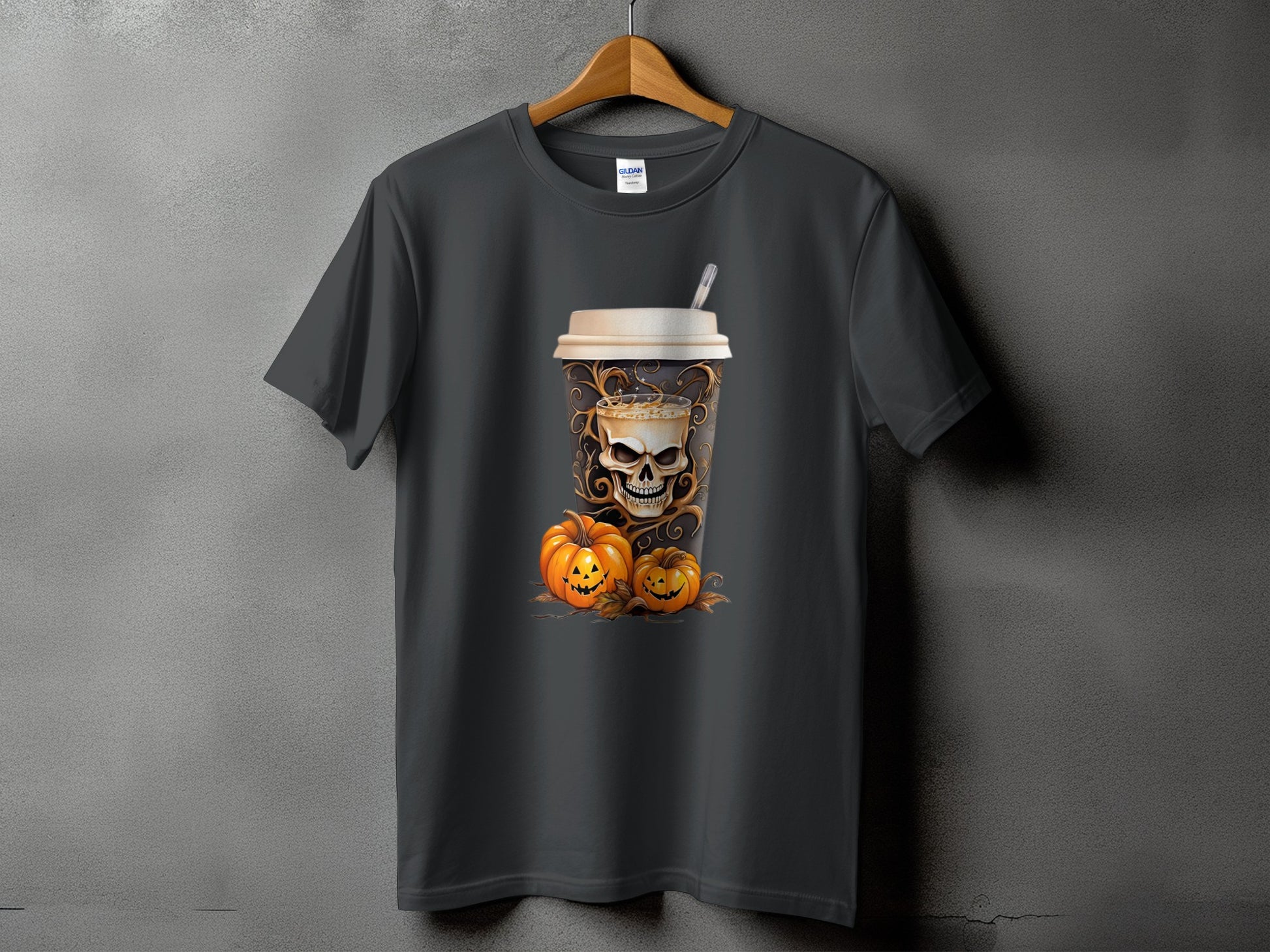 Dark grey t-shirt with a skull-shaped coffee cup and pumpkins graphic.