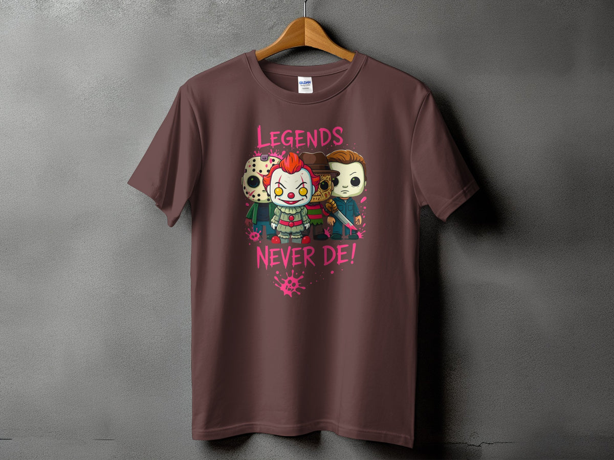 Brown t-shirt with cartoon horror characters and "Legends Never Die" text.