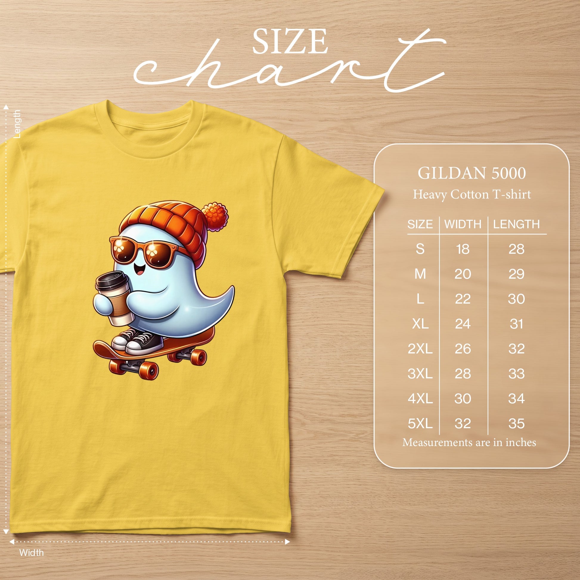 Yellow Gildan 5000 heavy cotton t-shirt with size chart and ghost graphic.