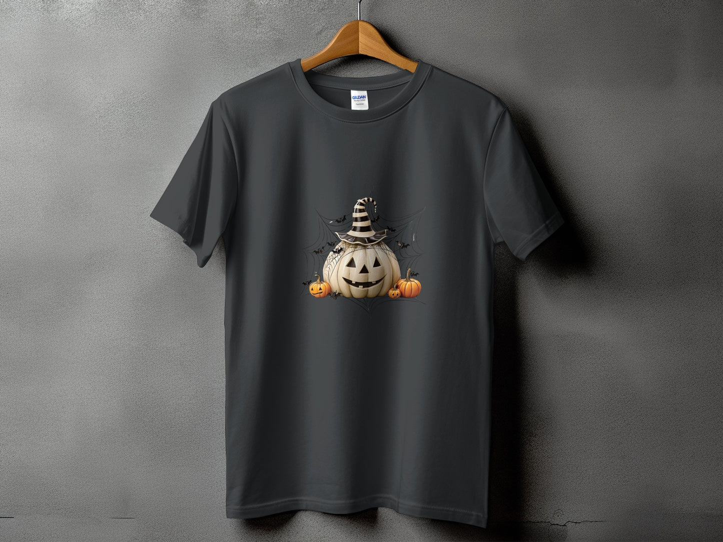Dark gray t-shirt with a Halloween pumpkin graphic and bats.