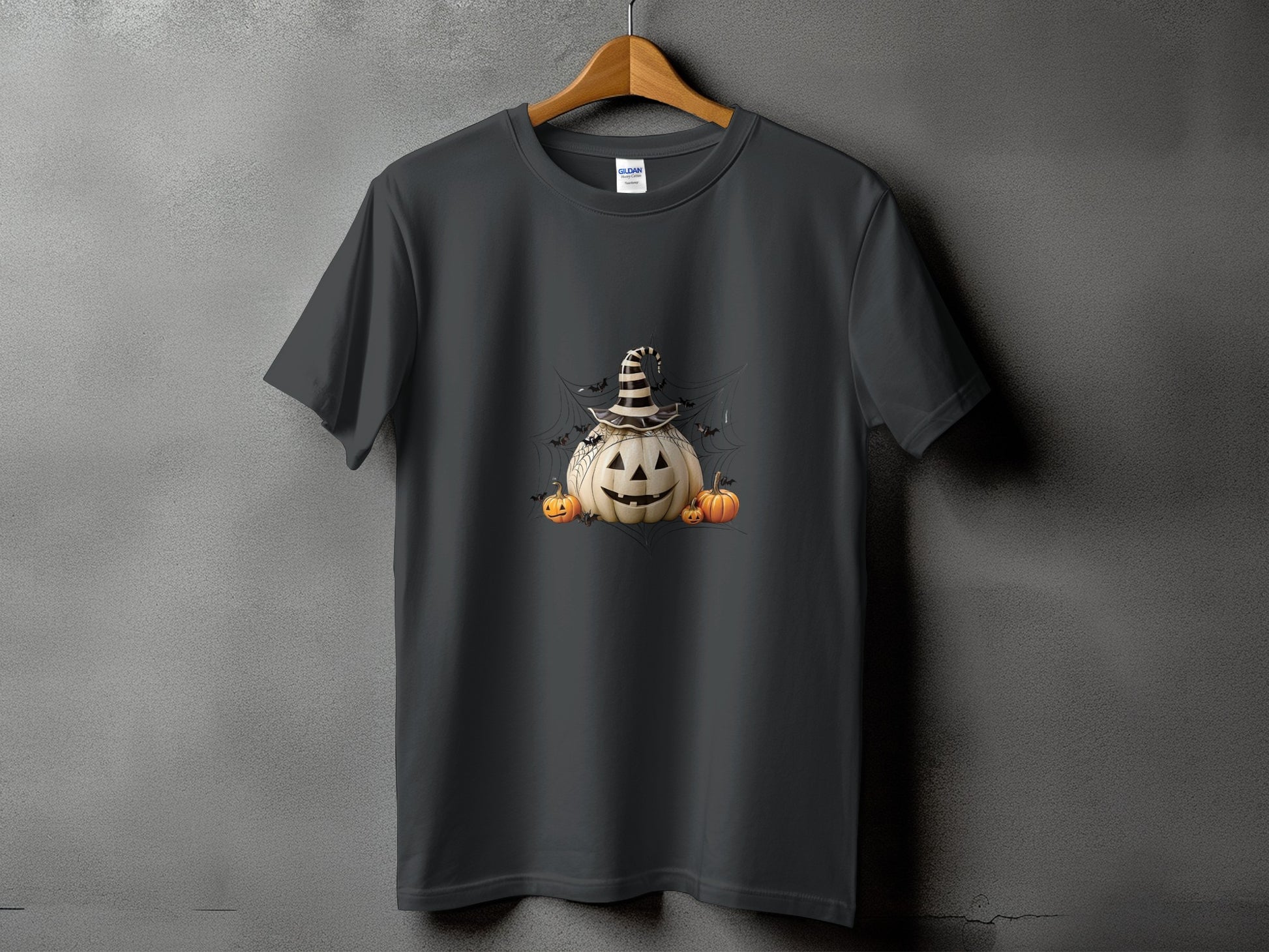 Dark gray t-shirt with a Halloween pumpkin graphic and bats.