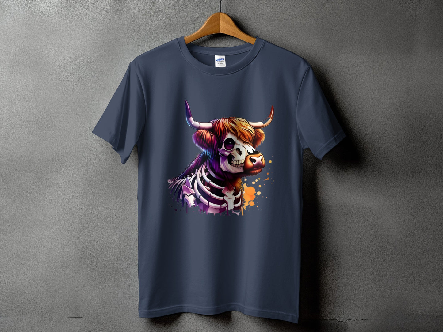 Dark blue t-shirt with a colorful skeletal bull graphic and paint splatters.