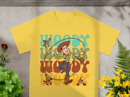 Yellow t-shirt with Woody from Toy Story and "WOODY" text.