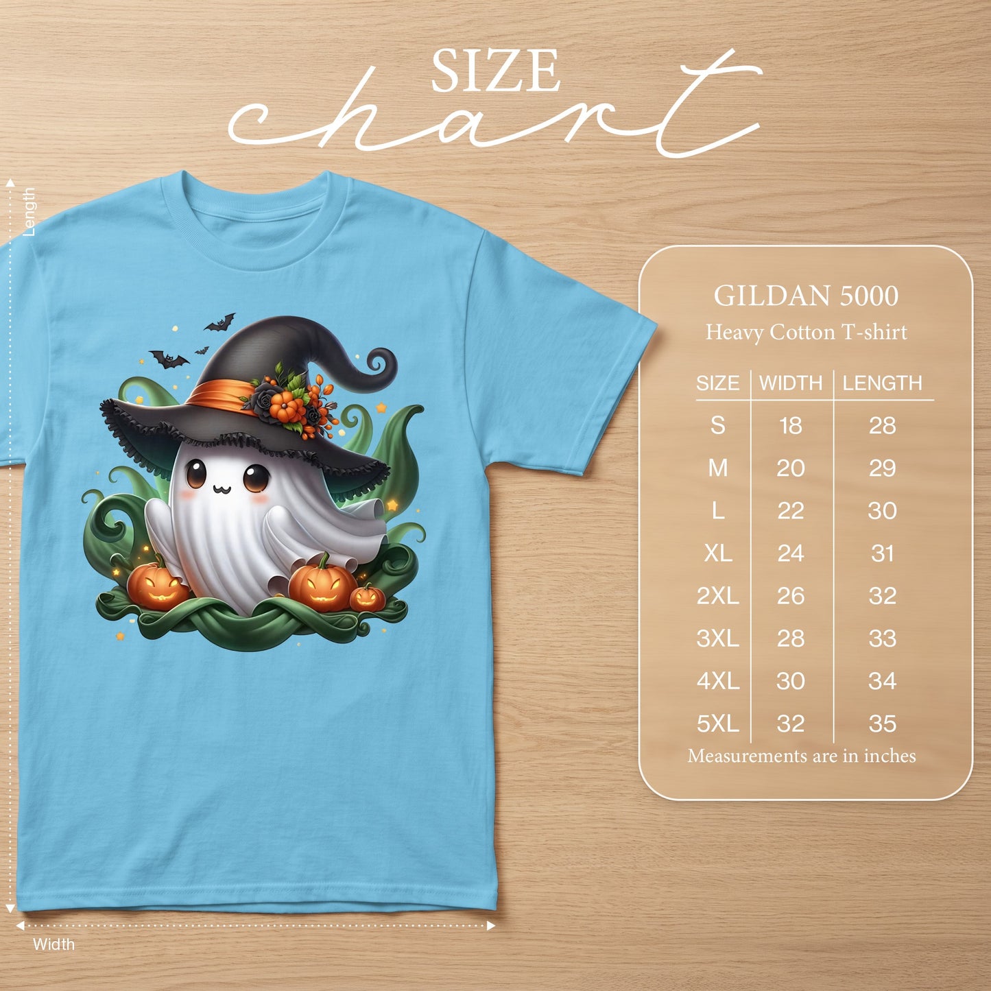 Light blue Gildan 5000 heavy cotton t-shirt with a cute ghost graphic.