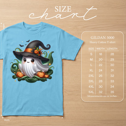 Light blue Gildan 5000 heavy cotton t-shirt with a cute ghost graphic.