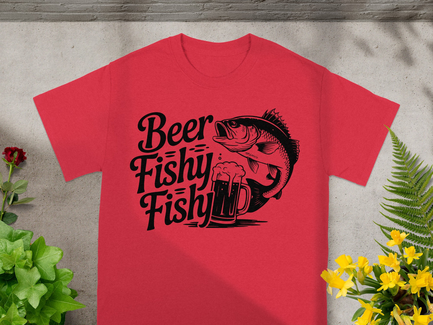 Red t-shirt with black graphic: "Beer Fishy Fishy" and a fish with a beer mug.