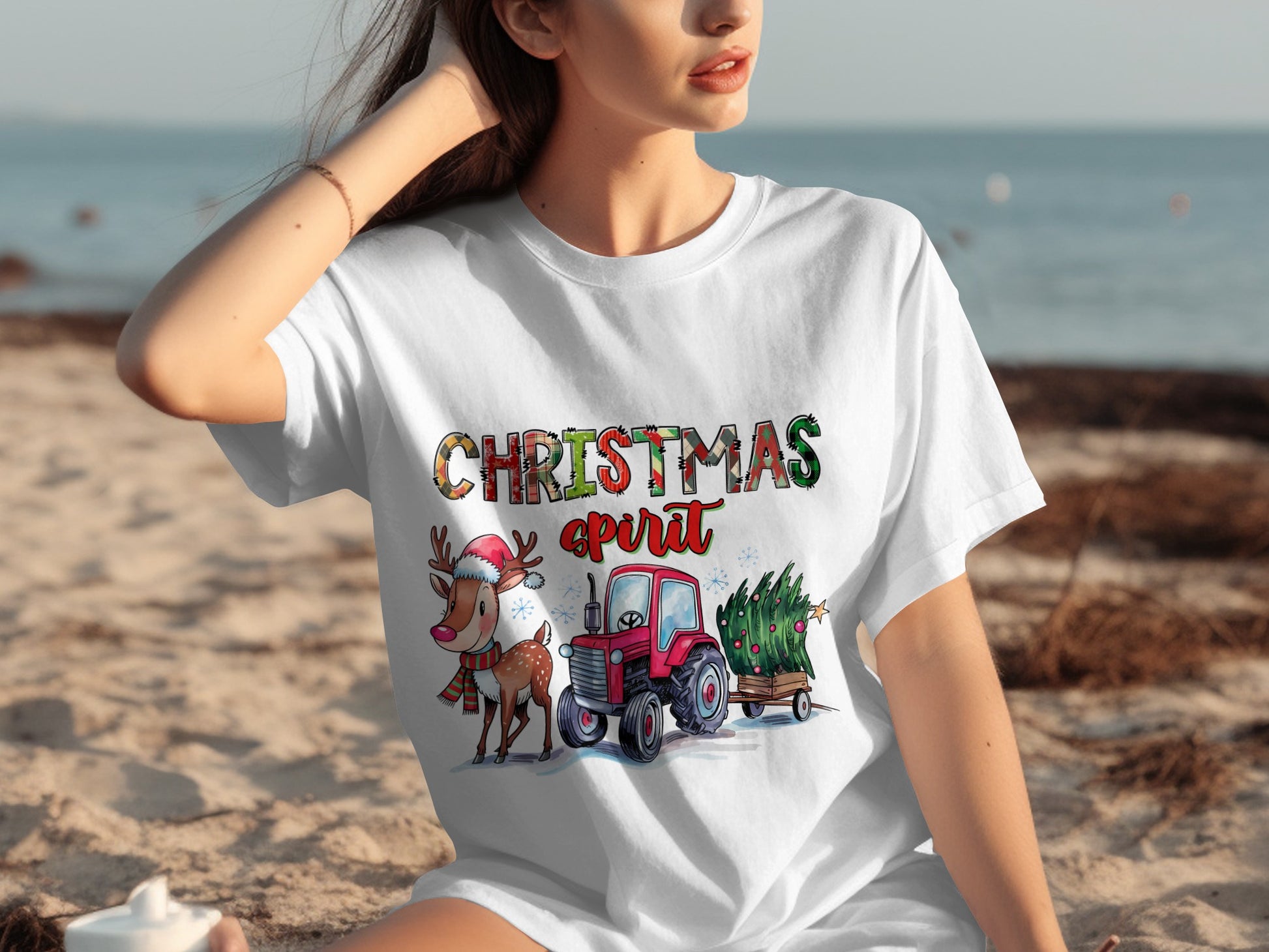 Christmas Spirit Reindeer and Tractor Graphic T-Shirt