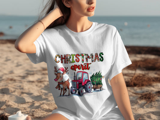 Christmas Spirit Reindeer and Tractor Graphic T-Shirt
