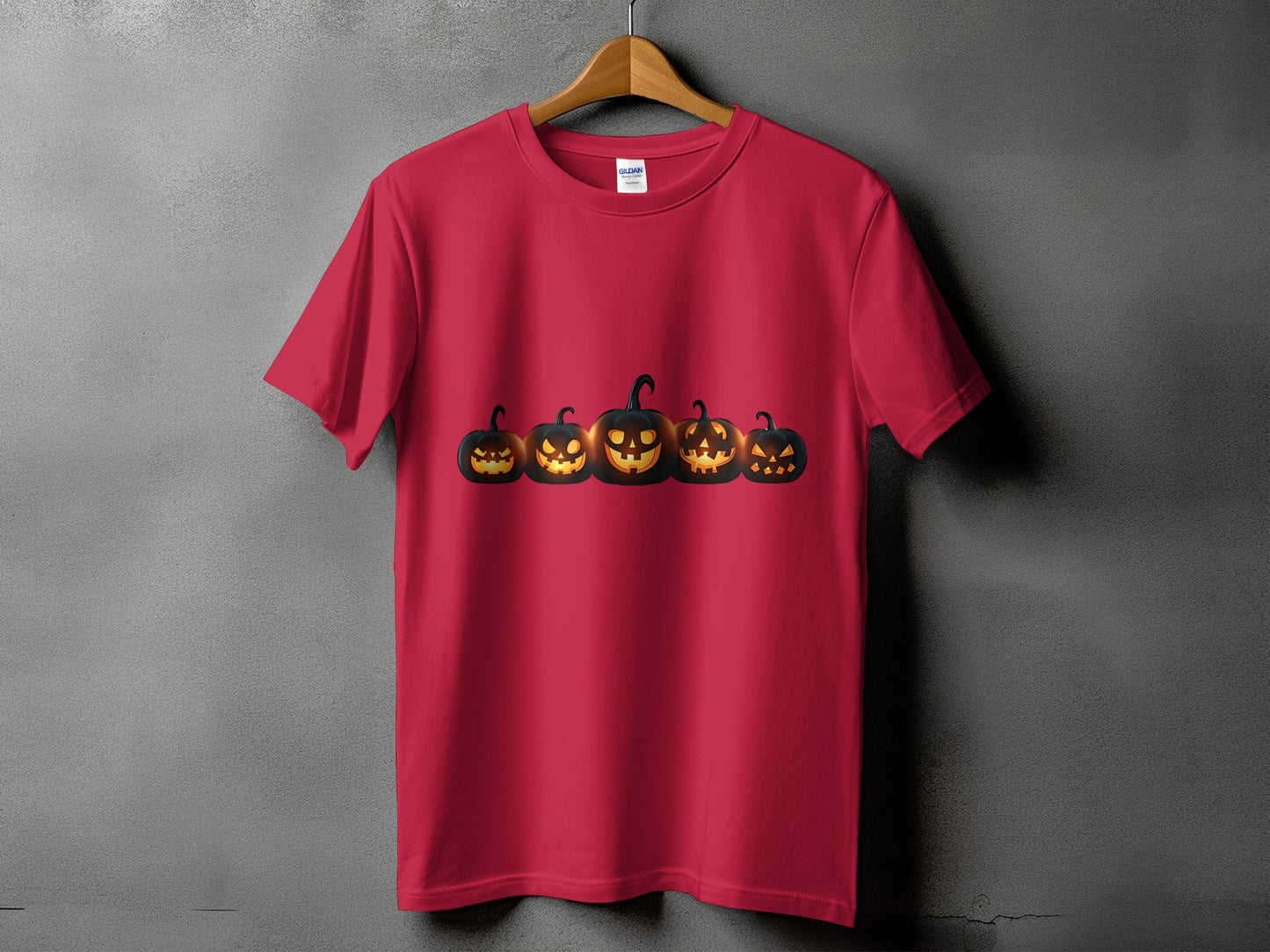 Red t-shirt with five glowing jack-o'-lanterns in a row on the front.