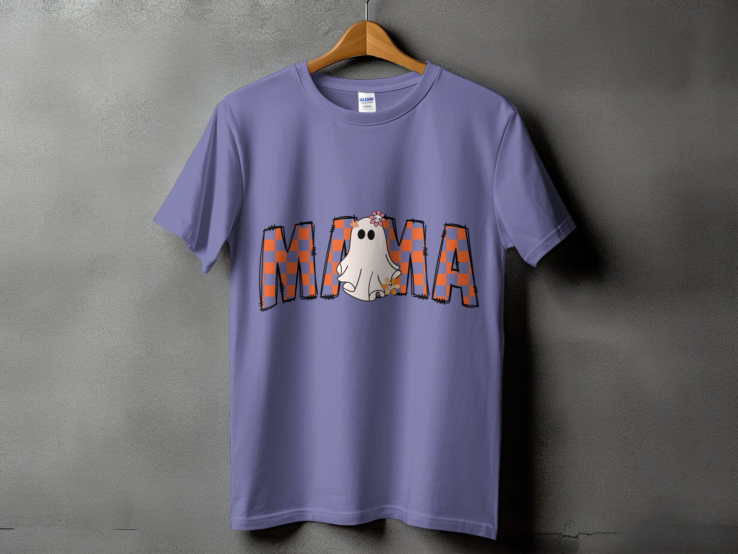 Purple t-shirt with "MAMA" text and a ghost wearing a flower.