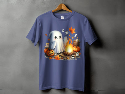 Purple t-shirt with cartoon ghost, pumpkins, campfire, and small ghosts for Halloween.