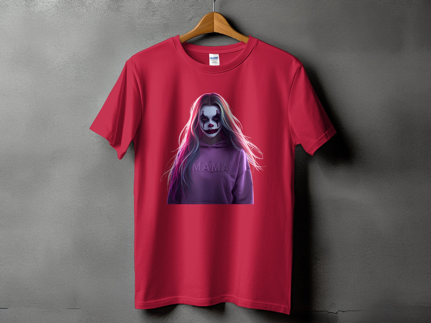Red t-shirt with clown graphic and "MAMA" text on a purple hoodie.