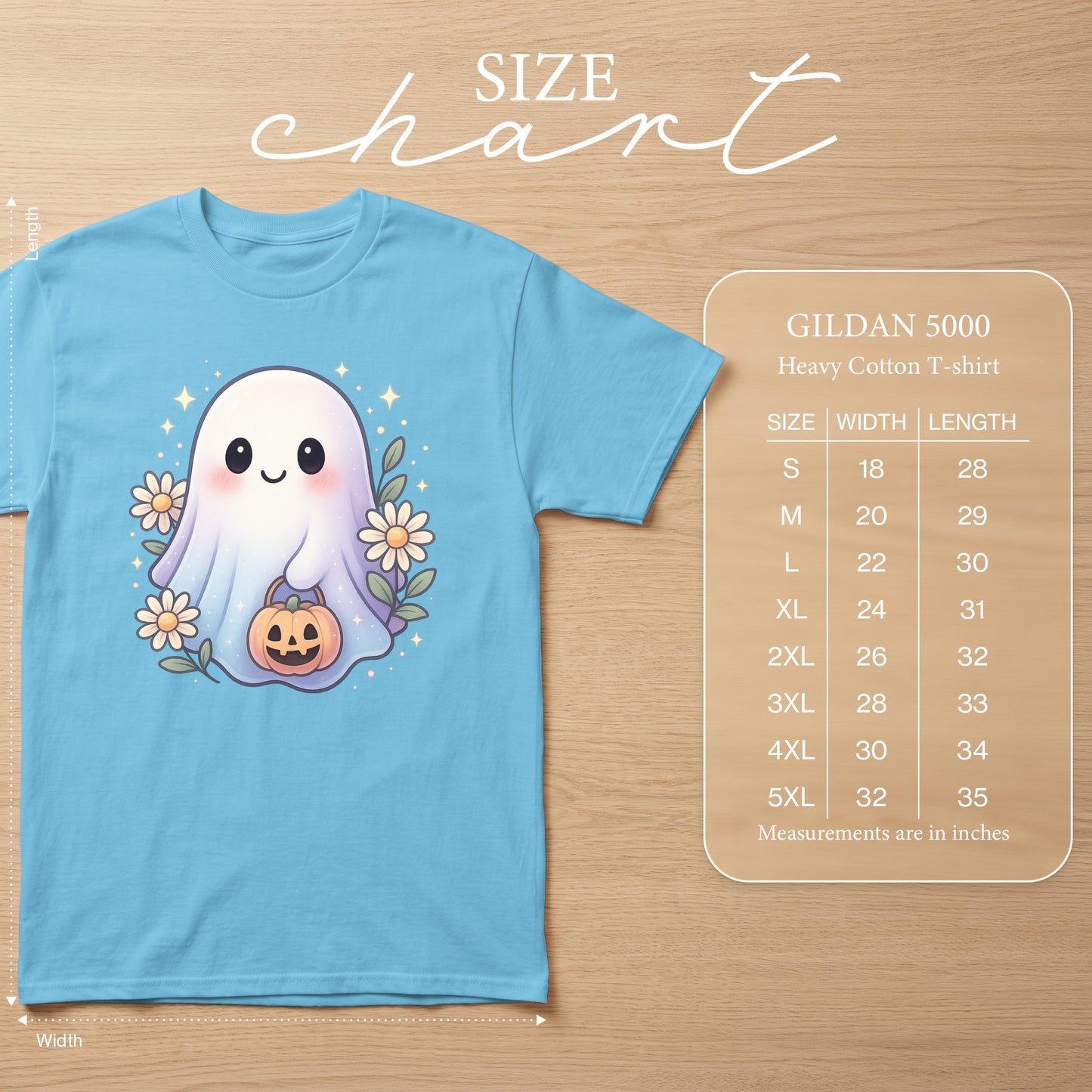 Blue t-shirt with a cute ghost graphic and a size chart for Gildan 5000 heavy cotton shirts.