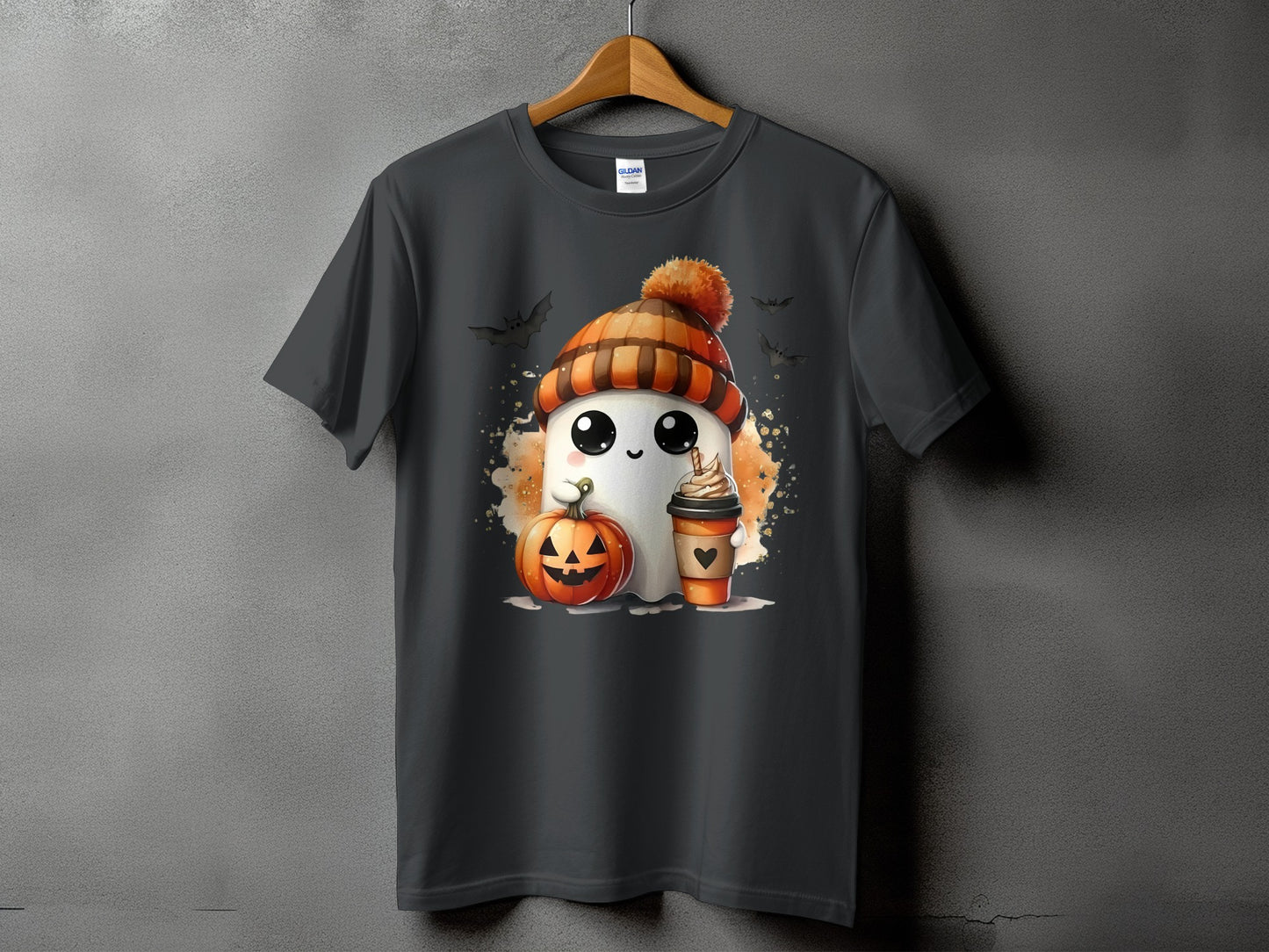 Ghost in beanie with pumpkin and coffee on dark t-shirt.