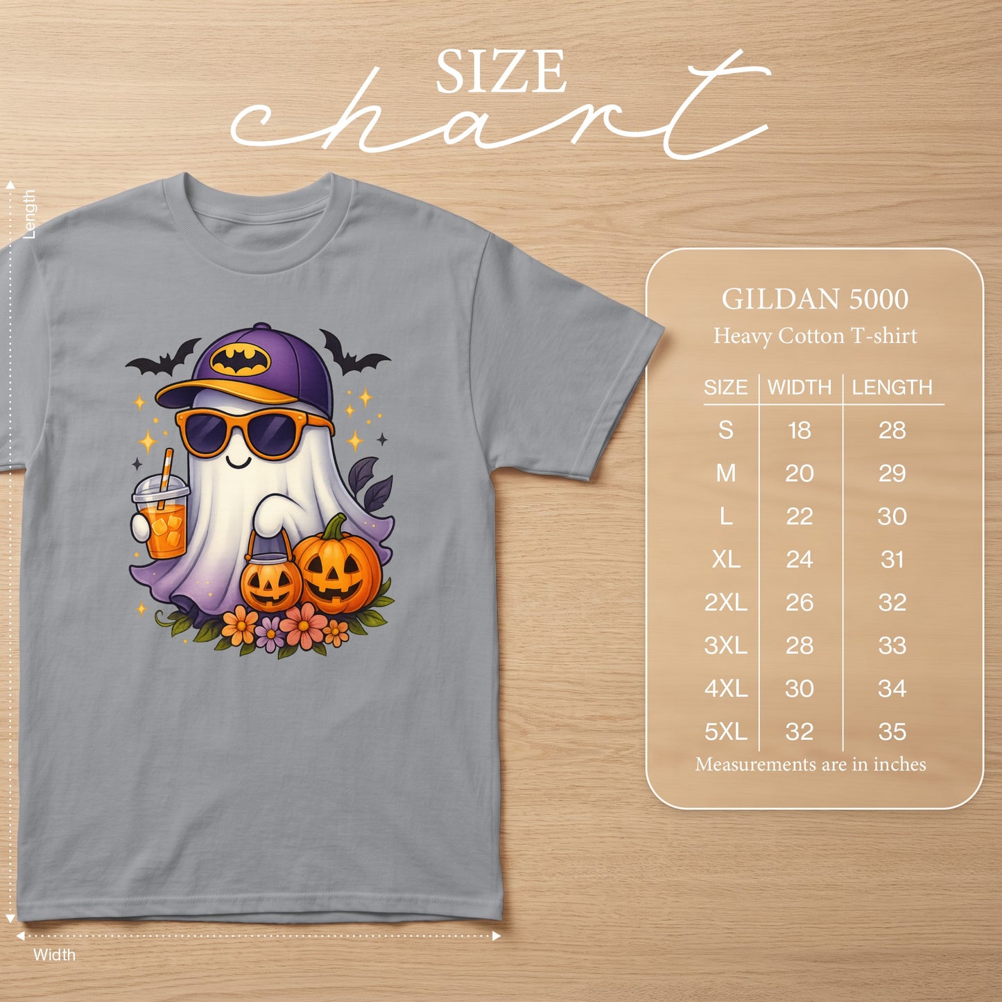 Gildan 5000 size chart with ghost graphic, pumpkin, and bats.