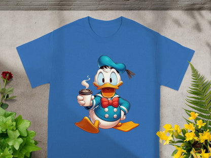 Donald Duck in sailor outfit holding a coffee cup on a blue t-shirt.