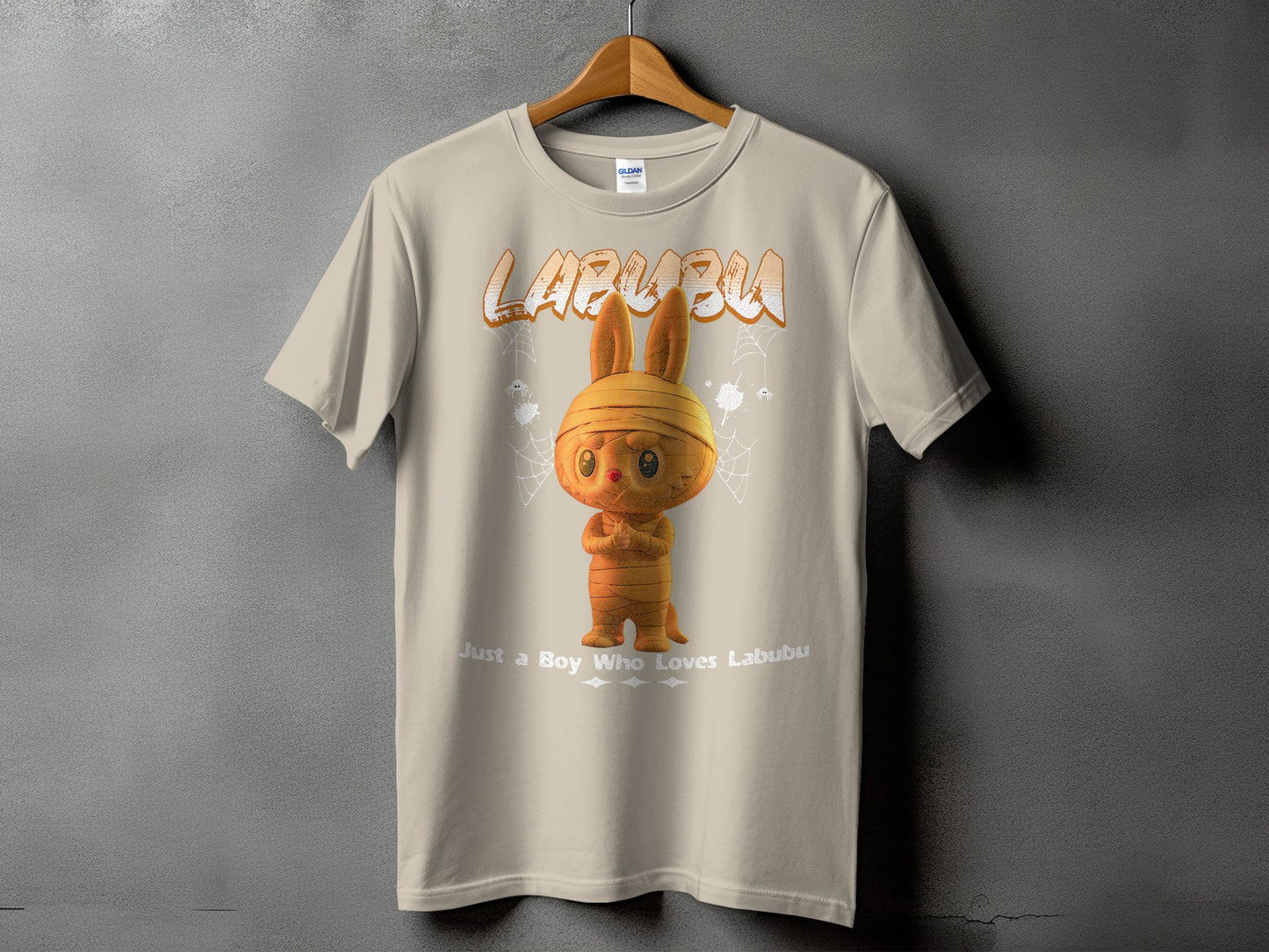Labubu mummy character with text "Labubu" and "Just a Boy Who Loves Labubu".