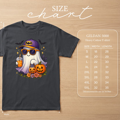 Gildan 5000 heavy cotton t-shirt size chart with measurements in inches.