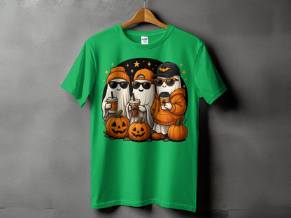 Three cartoon ghosts holding coffee cups with pumpkins and stars on a green t-shirt.