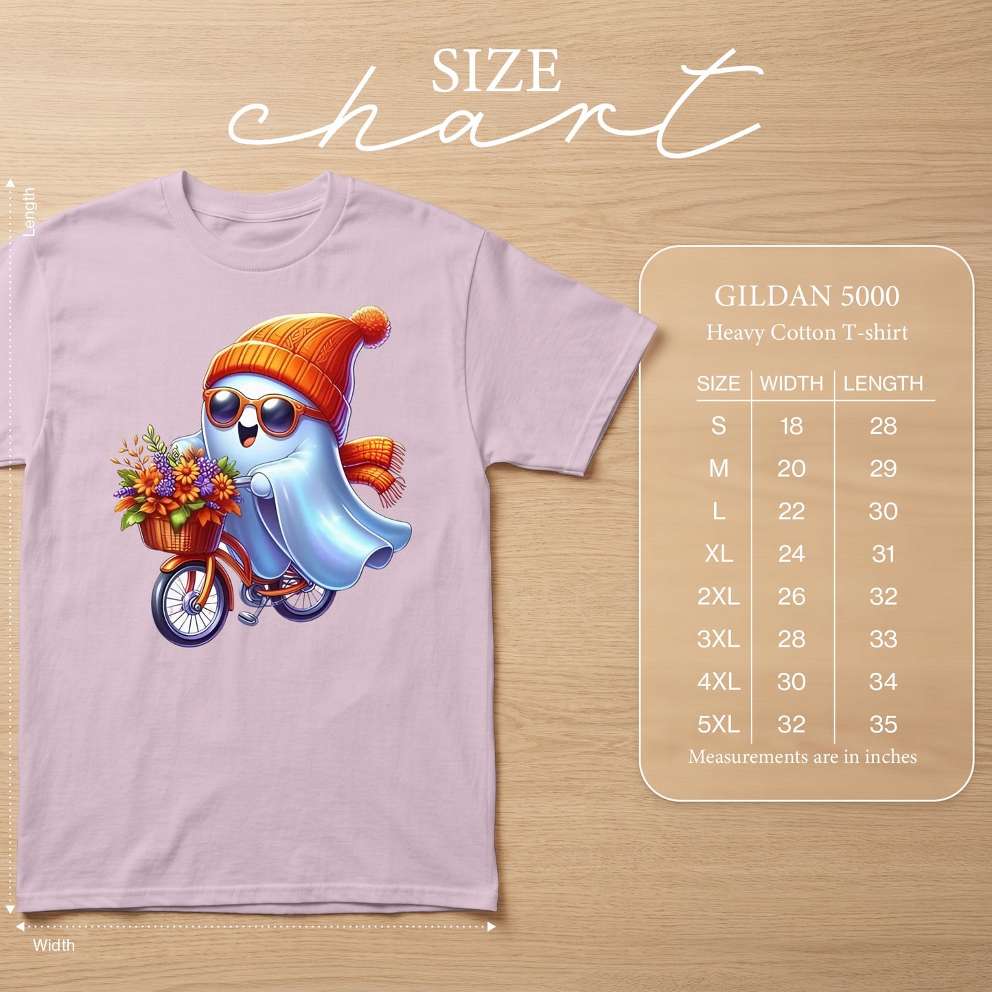 Light purple t-shirt featuring a cute ghost riding a bicycle with a flower basket. Size chart included.