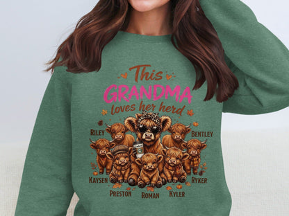 Green sweatshirt with "This Grandma loves her herd" and 7 highland cows.