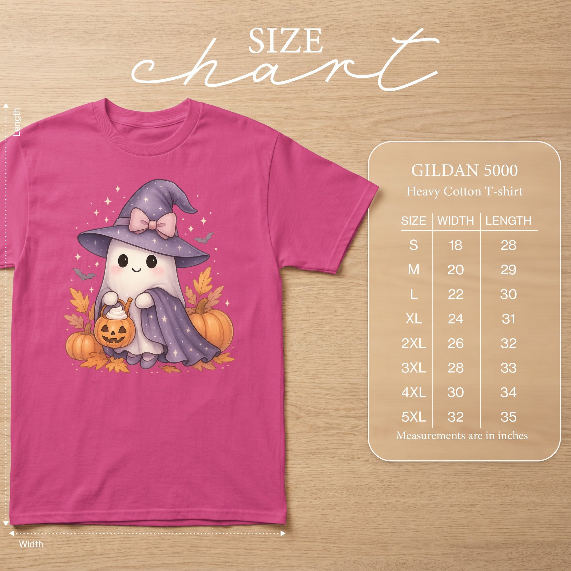 Gildan 5000 Heavy Cotton t-shirt size chart with ghost graphic.