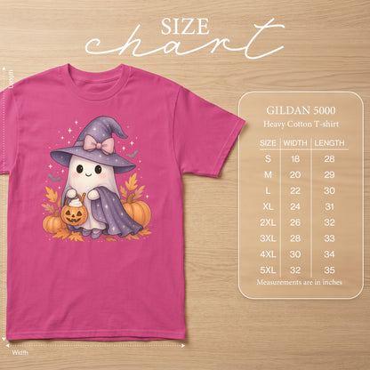 Gildan 5000 Heavy Cotton t-shirt size chart with ghost graphic.