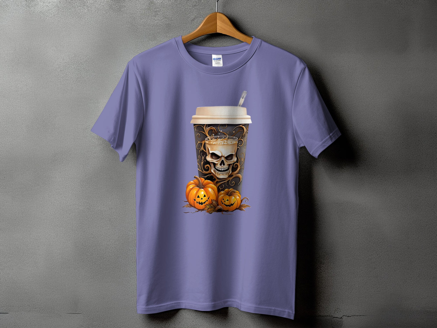 Purple t-shirt with skull coffee cup and pumpkins graphic.